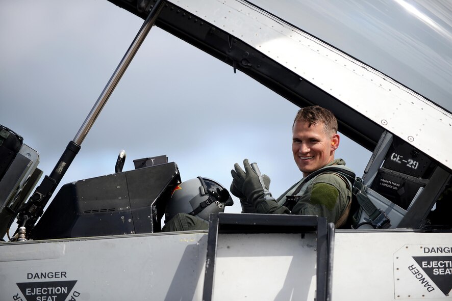 U.S. Air Force Tech. Sgt. Wesley Walker, a 354th Maintenance Squadron aircraft munitions systems specialist, after returning from his incentive flight at Royal Australian Air Force Base Williamtown, in New South Wales, Australia, March 24, 2017. Prior to the 18th Aggressor Squadron completing their final sortie in Exercise Diamond Shield, Walker was offered an opportunity to observe the mission of training and preparing Royal Australian Air Force fighter combat instructors, airspace battle managers, fighter intelligence instructors and fighter combat controllers of the RAAF Air Warfare Centre Instructors Course from a perspective he’s never seen before; from 30,000 feet in the air. (U.S. Air Force photo by Tech. Sgt. Steven R. Doty)