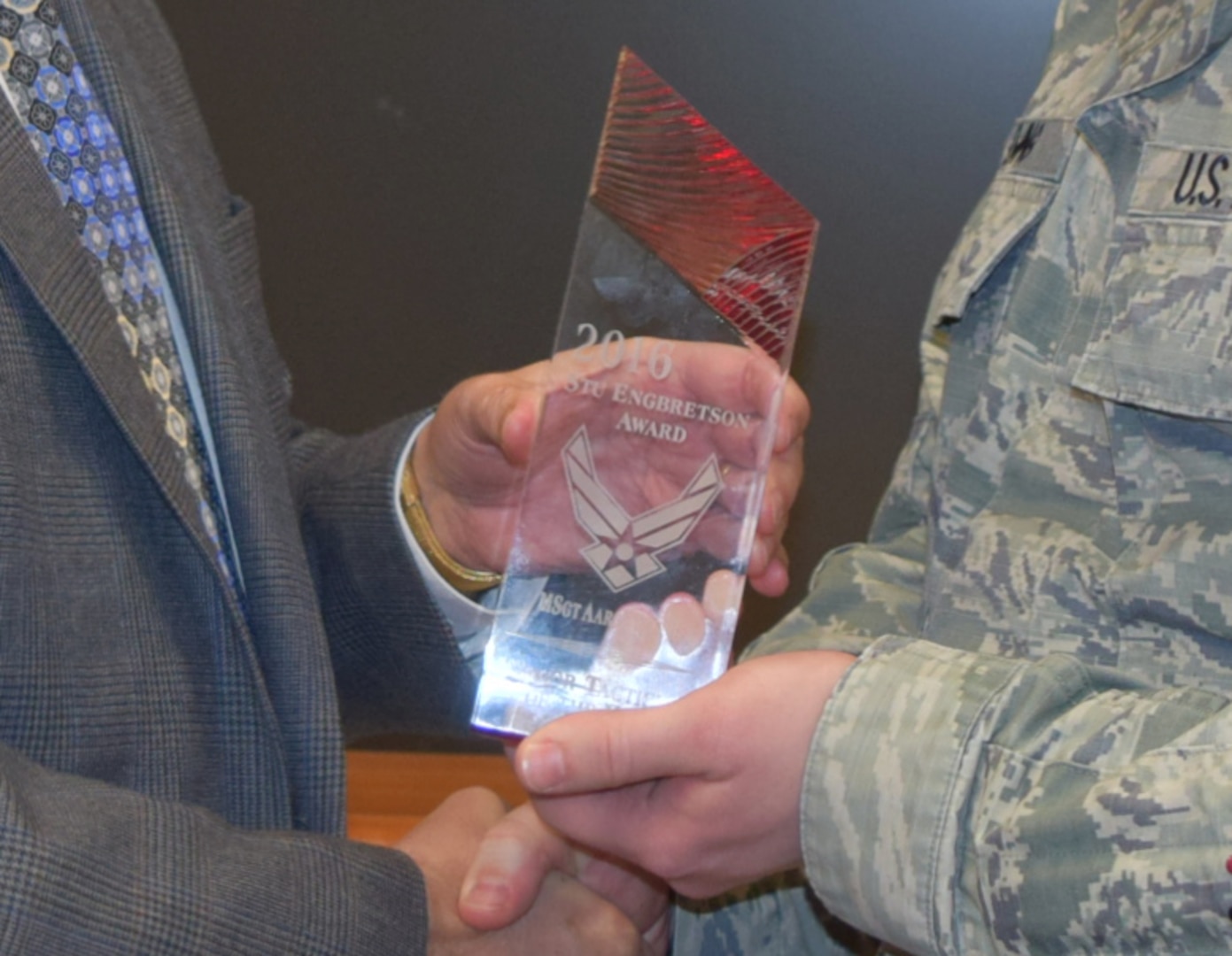 The Stu Engbretson Tactics Analysts of the Year award recognizes analysts’ significant accomplishments completed outside the scope of their traditional Air Force Specialty Code and how that work impacts Combat Air Forces. 