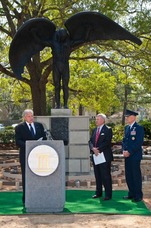 Mr. Nimrod Frazer, a community and business leader, speaks about the Daedalus statue behind him at Montgomery Mayor Todd Strange's weekly press briefing at the Maxwell Air Force Base Club Mar. 23. Frazer commissioned the statue to commemorate the centennial of the entry of the United States into World War I and honors the American military pilots who fought in that war.The formal dedication ceremony of the statue will be Apr. 6 in front of the base club. Air University Commander Lt. Gen. Steven Kwast joined the mayor and Frazier in the press conference. (US Air Force photo by Melanie Rodgers Cox/Released)
