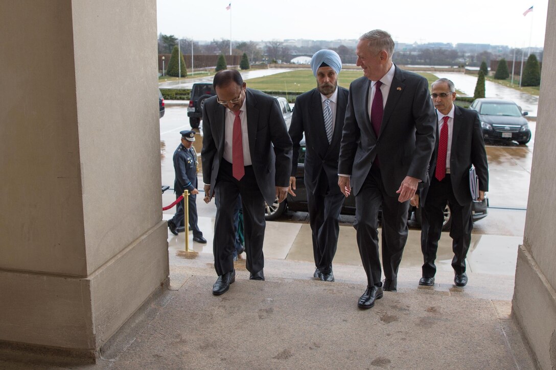 Defense Secretary Jim Mattis welcomes Indian National Security Advisor Ajit Doval for a meeting at the Pentagon, March 24, 2017. DoD photo by Army Sgt. Amber I. Smith