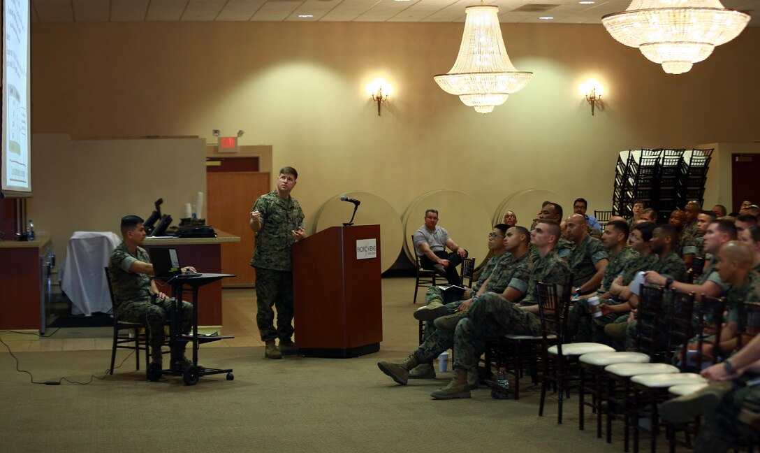 Lt. Col. Edmund B. Tomlinson, deputy manpower and administration officer, command element, I Marine Expeditionary Force, briefs an audience made up of administration and manpower personnel during a professional development conference at Marine Corps Base Camp Pendleton, Calif., March 20, 2017. The conference included Marines and civilians from I MEF and Marine Corps Installations West. (U.S. Marine Corps photo by Staff Sgt. Bobbie A. Curtis)