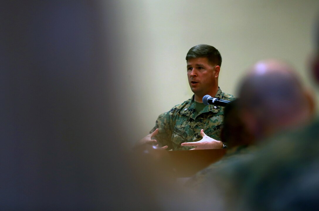 Lt. Col. Edmund B. Tomlinson, deputy manpower and administration officer, command element, I Marine Expeditionary Force, briefs an audience made up of administration and manpower personnel during a professional development conference at Marine Corps Base Camp Pendleton, Calif., March 20, 2017. The conference included Marines and civilians from I MEF and Marine Corps Installations West. (U.S. Marine Corps photo by Staff Sgt. Bobbie A. Curtis)