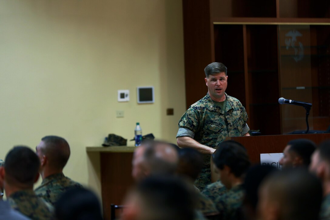 Lt. Col. Edmund B. Tomlinson, deputy manpower and administration officer, command element, I Marine Expeditionary Force, briefs an audience made up of administration and manpower personnel during a professional development conference at Marine Corps Base Camp Pendleton, Calif., March 20, 2017. The conference included Marines and civilians from I MEF and Marine Corps Installations West. (U.S. Marine Corps photo by Staff Sgt. Bobbie A. Curtis)