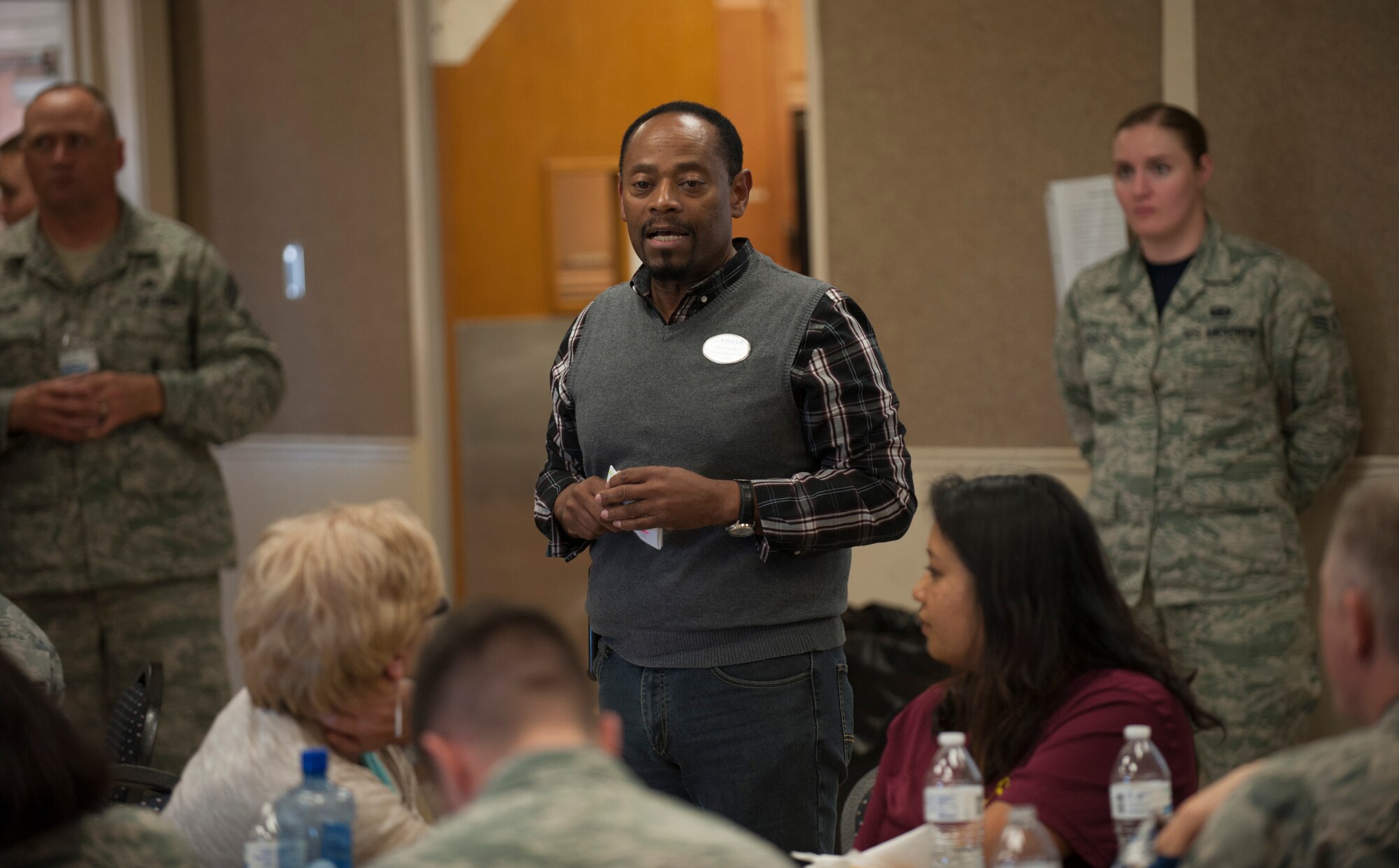 Ronald Hooks, Air Force Aid officer, speaks during the 2017 Air Force Assistance Fund kickoff at Dyess Air Force Base, Texas, March 24, 2017. He spoke about the contributions to the AFAF in the past year and how it has positively impacted Dyess Airmen and their families. (U.S. Air Force Photo by Amn Kylee Thomas/Released)

