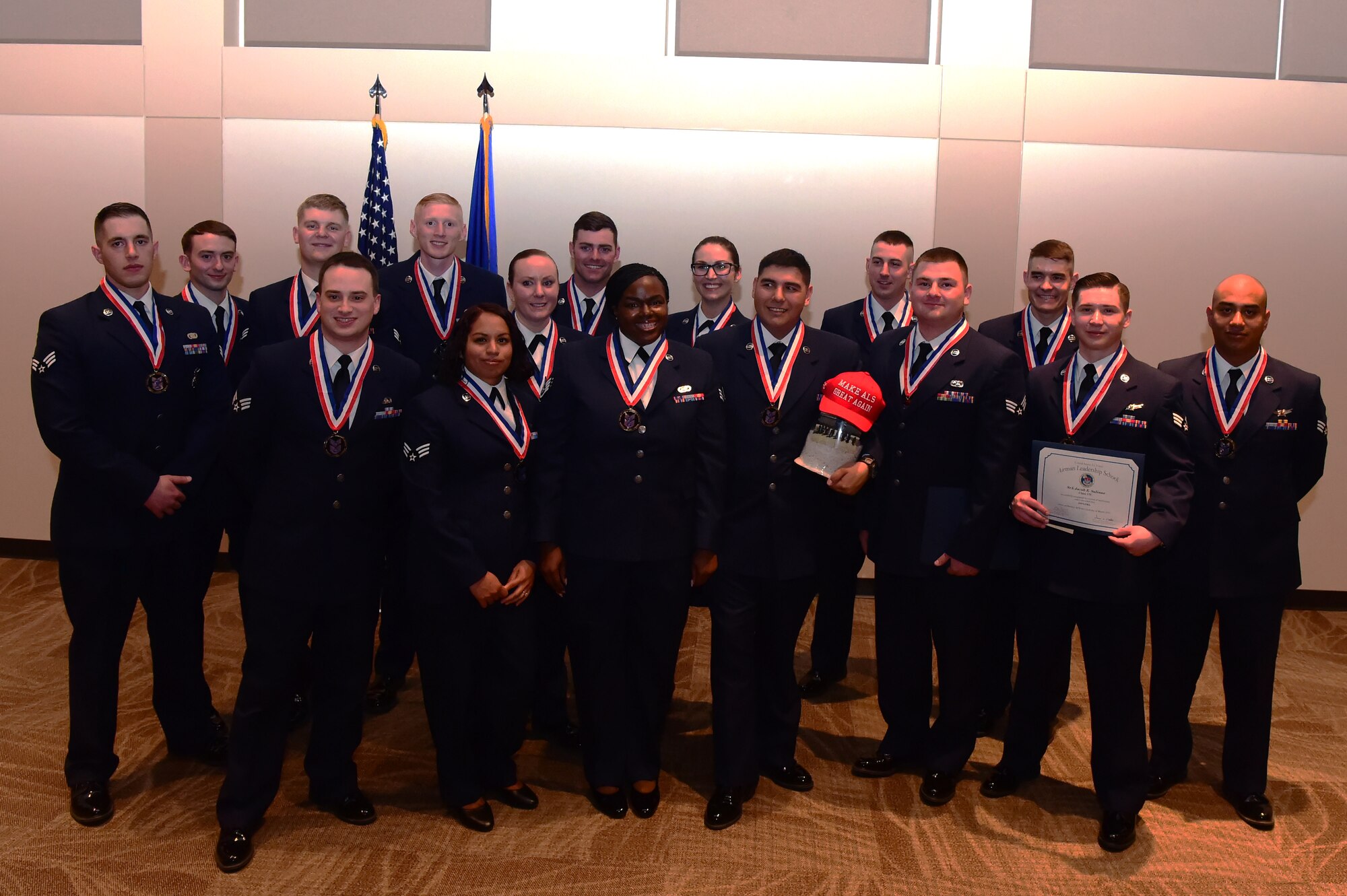 Airman Leadership School class 17-C stands together March 24, 2017, at the Leadership Develop Center on Buckley Air Force Base, Colo. ALS students learn skills necessary for supervisory roles within the Air Force. (U.S. Air Force photo by Airman 1st Class Jessica Huggins/Released)