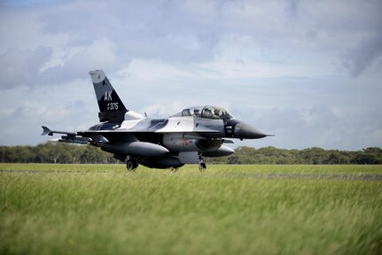 U.S. Air Force Maj. Shawn McGoffin, 354 Fighter Wing deputy inspector general and F-16 pilot, and U.S. Air Force Tech. Sgt. Wesley Walker, 354th Maintenance Squadron aircraft armament systems technician, taxi in an F-16 Fighting Falcon at Royal Australian Air Force Base Williamtown, in New South Wales, Australia, March 24, 2017. Prior to the 18th Aggressor Squadron completing their final sortie in Exercise Diamond Shield, Walker was offered an opportunity to observe the mission of training and preparing Royal Australian Air Force fighter combat instructors, airspace battle managers, fighter intelligence instructors and fighter combat controllers of the RAAF Air Warfare Centre Instructors Course from a perspective he’s never seen before; from 30,000 feet in the air. (U.S. Air Force photo by Tech. Sgt. Steven R. Doty)