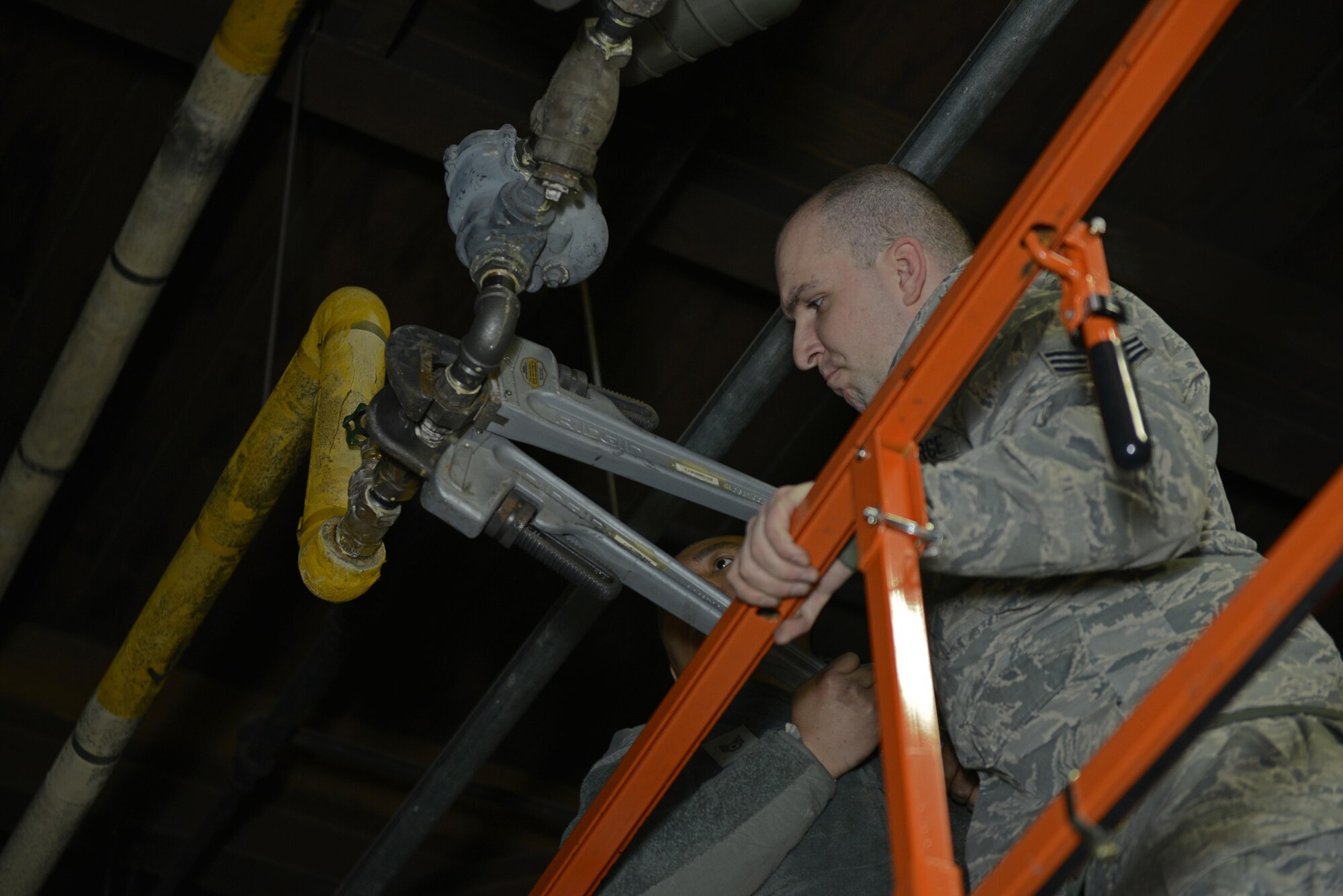 U.S. Air Force Senior Airman Jake Tipton, Heating Ventilation Air Conditioning/Refrigerant journeyman, 773 Civil Engineering Squadron, repairs a steam pump at a warehouse on Joint Base Elmendorf-Richardson, March 22, 2017. Tipton, along with crewmembers, are able to repair a wide assortment of issues within the HVAC/R realm by ordering parts or fabricating custom need type parts in their shop here on JBER. 