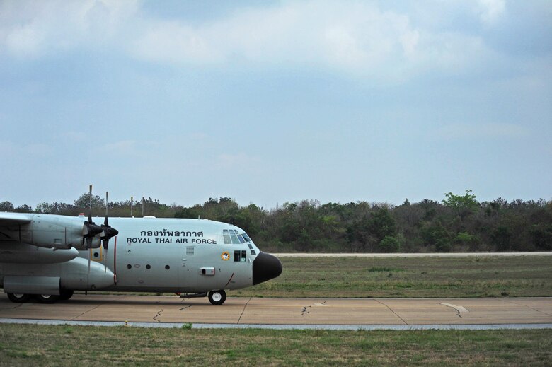 A Royal Thai air force C-130H aircraft taxis down the runway during exercise Cope Tiger 17 at Korat Royal Thai Air Force Base, Thailand, March 24, 2017. The annual multilateral exercise, which involves a combined total of 76 aircraft and 43 air defense assets, is aimed at improving combined combat readiness and interoperability between the Republic of Singapore air force, Royal Thai air force, and U.S. Air Force, while concurrently enhancing the three nations' military relations. (U.S. Air Force photo by Staff Sgt. Kamaile Chan)