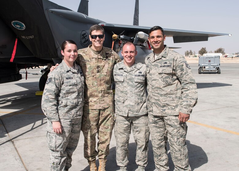(From the left) Staff Sgt. Alexandria Morrow, 332nd Air Expeditionary Maintenance Squadron weapons load crew chief, Gen. Joseph L. Votel, United States Central Command commander, Senior Airman Lucas Marthaller, 332nd EMXS, and Staff Sgt. Carlos Olivarez, 332nd EMXS pose for a photo Feb. 23, 2017, in Southwest Asia. Morrow died from injuries sustained while performing work duties in support of Operation Inherent Resolve. (U.S. Air Force photo by Staff Sgt. Eboni Reams)