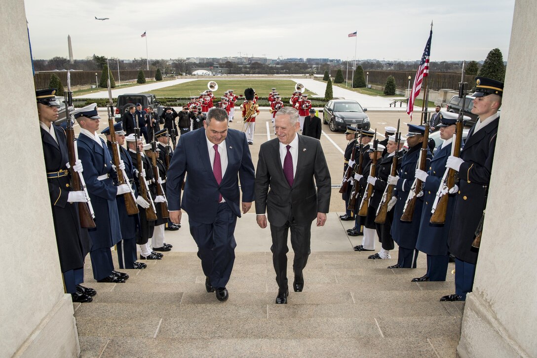 Defense Secretary Jim Mattis hosts an honor cordon for Greek Defense Minister Panos Kammenos at the Pentagon, March 24, 2017.  The two defense leaders met to discuss matters of mutual importance. DoD photo by Air Force Staff Sgt. Jette Carr