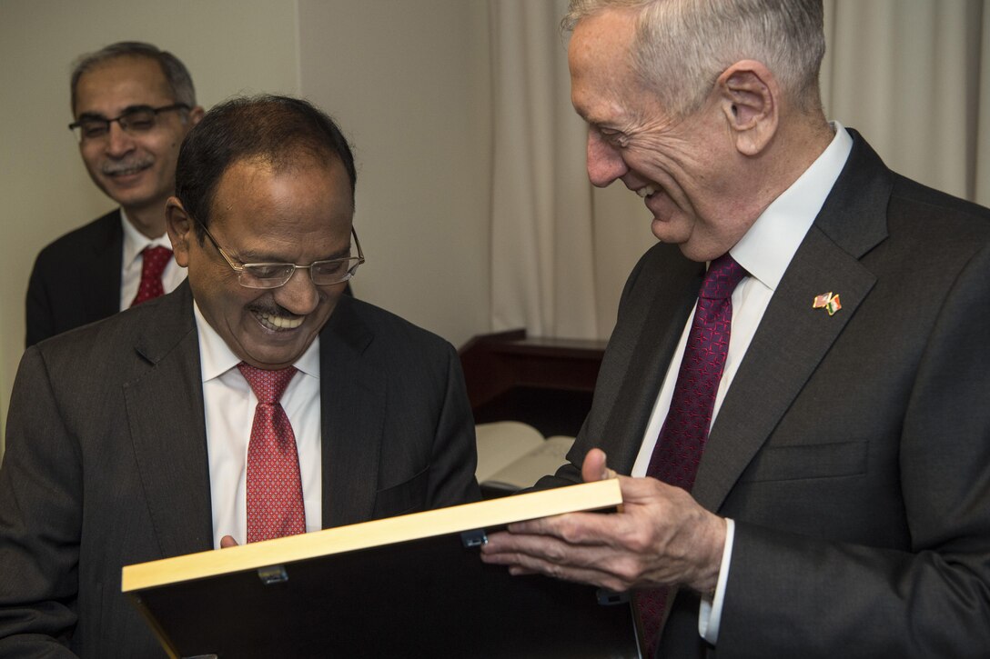 Defense Secretary Jim Mattis shares a light moment with Indian National Security Advisor Ajit Doval while meeting with him at the Pentagon, March 24, 2017. DoD photo by Army Sgt. Amber I. Smith