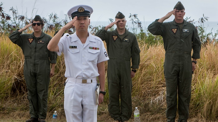 U.S. and Japanese service members salute the nations’ flags during the presentation of the colors on March 25, 2017 during the 72nd Reunion of Honor ceremony on Iwo To, Japan. The event presented the opportunity for the U.S. and Japanese people to mutually remember and honor thousands of service members who fought and died on the hallowed grounds of Iwo Jima. 