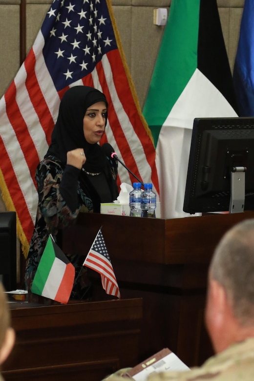 Huda Sadeq, the chair of the Emergency Department of the Farwaniya Hospital, speaks during a Medical Evacuation meeting hosted, for the first time, at the Kuwait Armed Forces Hospital, March 5. Sadeq focused on updating participants in the meeting about changes in their hospital’s procedures regarding different emergency events.