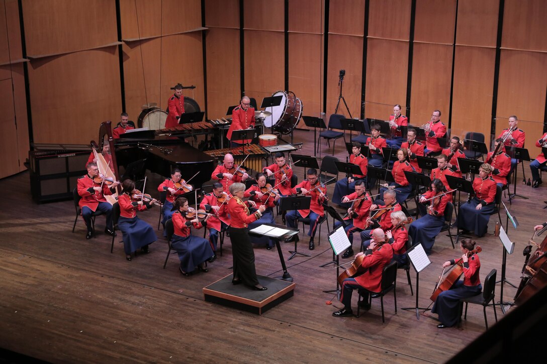 On March 26, 2017, the Marine Chamber Orchestra performed a concert titled "Naturally Inspired" at Northern Virginia Community College’s Rachel M. Schlesinger Concert Hall and Arts Center in Alexandria, Va. The program featured Aaron Copland's Appalachian Spring, Alan Hovhaness’ Fantasy on Japanese Woodprints, and Jean Sibelius’ Symphony No. 5 in E-flat. (U.S. Marine Corps photo by Master Sgt. Amanda Simmons/released)
