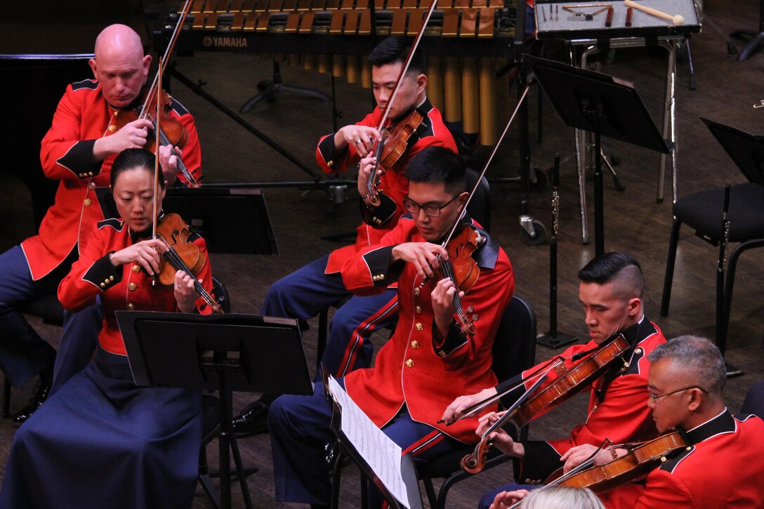 On March 26, 2017, the Marine Chamber Orchestra performed a concert titled "Naturally Inspired" at Northern Virginia Community College’s Rachel M. Schlesinger Concert Hall and Arts Center in Alexandria, Va. The program featured Aaron Copland's Appalachian Spring, Alan Hovhaness’ Fantasy on Japanese Woodprints, and Jean Sibelius’ Symphony No. 5 in E-flat. (U.S. Marine Corps photo by Master Sgt. Amanda Simmons/released)