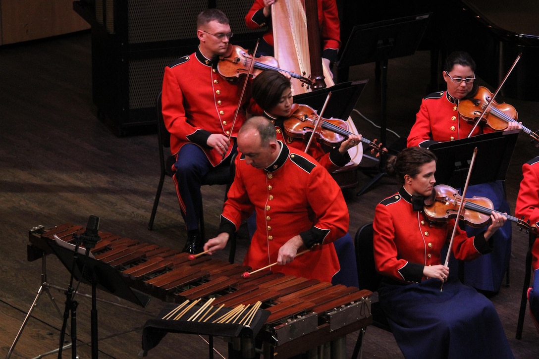 On March 26, 2017, the Marine Chamber Orchestra performed a concert titled "Naturally Inspired" at Northern Virginia Community College’s Rachel M. Schlesinger Concert Hall and Arts Center in Alexandria, Va. The program featured Aaron Copland's Appalachian Spring, Alan Hovhaness’ Fantasy on Japanese Woodprints, and Jean Sibelius’ Symphony No. 5 in E-flat. (U.S. Marine Corps photo by Master Sgt. Amanda Simmons/released)