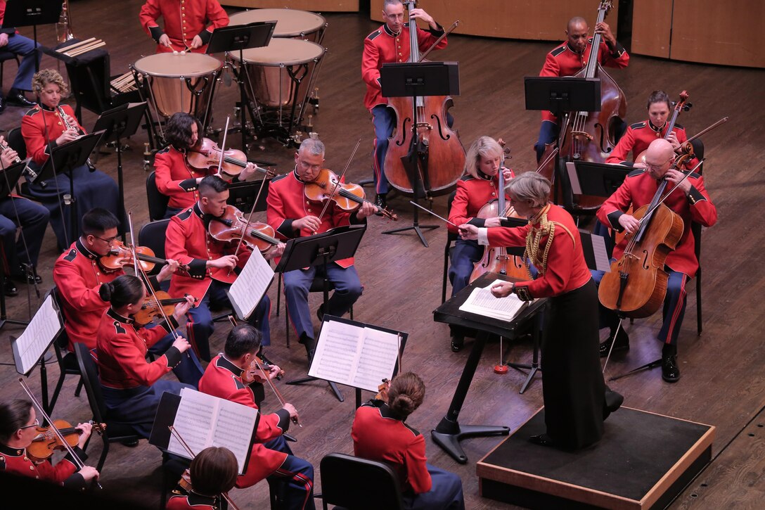 On March 26, 2017, the Marine Chamber Orchestra performed a concert titled "Naturally Inspired" at Northern Virginia Community College’s Rachel M. Schlesinger Concert Hall and Arts Center in Alexandria, Va. The program featured Aaron Copland's Appalachian Spring, Alan Hovhaness’ Fantasy on Japanese Woodprints, and Jean Sibelius’ Symphony No. 5 in E-flat. (U.S. Marine Corps photo by Master Sgt. Amanda Simmons/released)