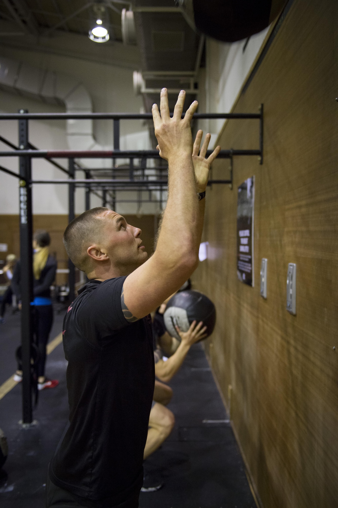 A participant preforms a ‘wall ball’ exercise during the LifeFit Tour exercise demonstration March 21, 2017, at Yokota Air Base, Japan. The LifeFit tour is scheduled to go until March 28, and will be held at various U.S. military bases across Japan. (U.S. Air Force photo by Airman 1st Class Donald Hudson)