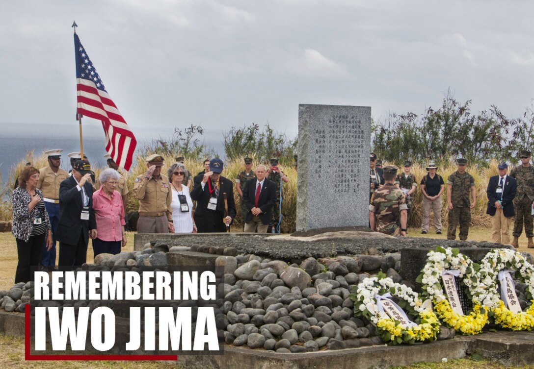 World War II veterans salute a memorial after placing a wreath at the base during a wreath-laying presentation as part of the 72nd Reunion of Honor ceremony on Iwo To, Japan March 25, 2017. The event presented the opportunity for the U.S. and Japanese people to mutually remember and honor thousands of service members who fought and died on the hallowed grounds of Iwo Jima. (U.S. Marine Corps photo by Staff Sgt. Valerie Eppler)