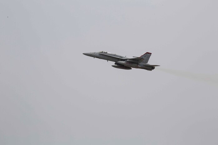 An F/A-18C Hornet with Marine Fighter Attack Squadron (VMFA) 232 takes off from Marine Corps Air Station (MCAS) Iwakuni, Japan, March 22, 2017. The squadron left MCAS Miramar, Calif., March 11, 2017, and arrived at MCAS Iwakuni March 15. The squadron is part of the Unit Deployment Program and helps provide air support to III Marine Expeditionary Force through training and combat operations. (U.S. Marine Corps photo by Lance Cpl. Gabriela Garcia-Herrera)