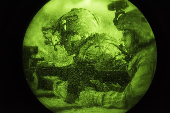 Infantrymen with the 136th Infantry Battalion Chosen Company 2nd Platoon Aerial Reaction Force provide site security during a training exercise involving a downed aircraft March 7, 2017 at Bagram Airfield, Afghanistan. The aerial reaction force is an infantry platoon that is often the first sent to a downed U.S. Army or coalition aircraft to provide combat search and rescue of aircrew and secure sensitive items aboard the aircraft. (U.S. Air Force photo by Staff Sgt. Katherine Spessa)