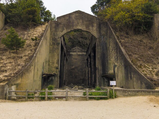 The entrance of a former poison gas storehouse used by the Japanese Imperial Army during World War II at Okunoshima, Japan, March 25, 2017. The island is home to hundreds of wild rabbits that visitors are allowed to feed and pet, and has the standing remains of other buildings used by the army to create chemical weapons during World War II. Service members from Marine Corps Air Station Iwakuni took a free bus ride to the island courtesy of the Single Marine Program. (U.S. Marine Corps photo by Lance Cpl. Carlos Jimenez)