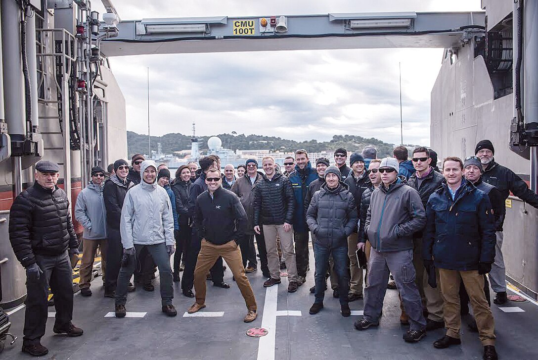 School of Advanced Warfare (SAW) Class 2017 aboard the French Navy Landing Craft-Catamaran (LCAT). The craft is executing a high speed 360 turn.