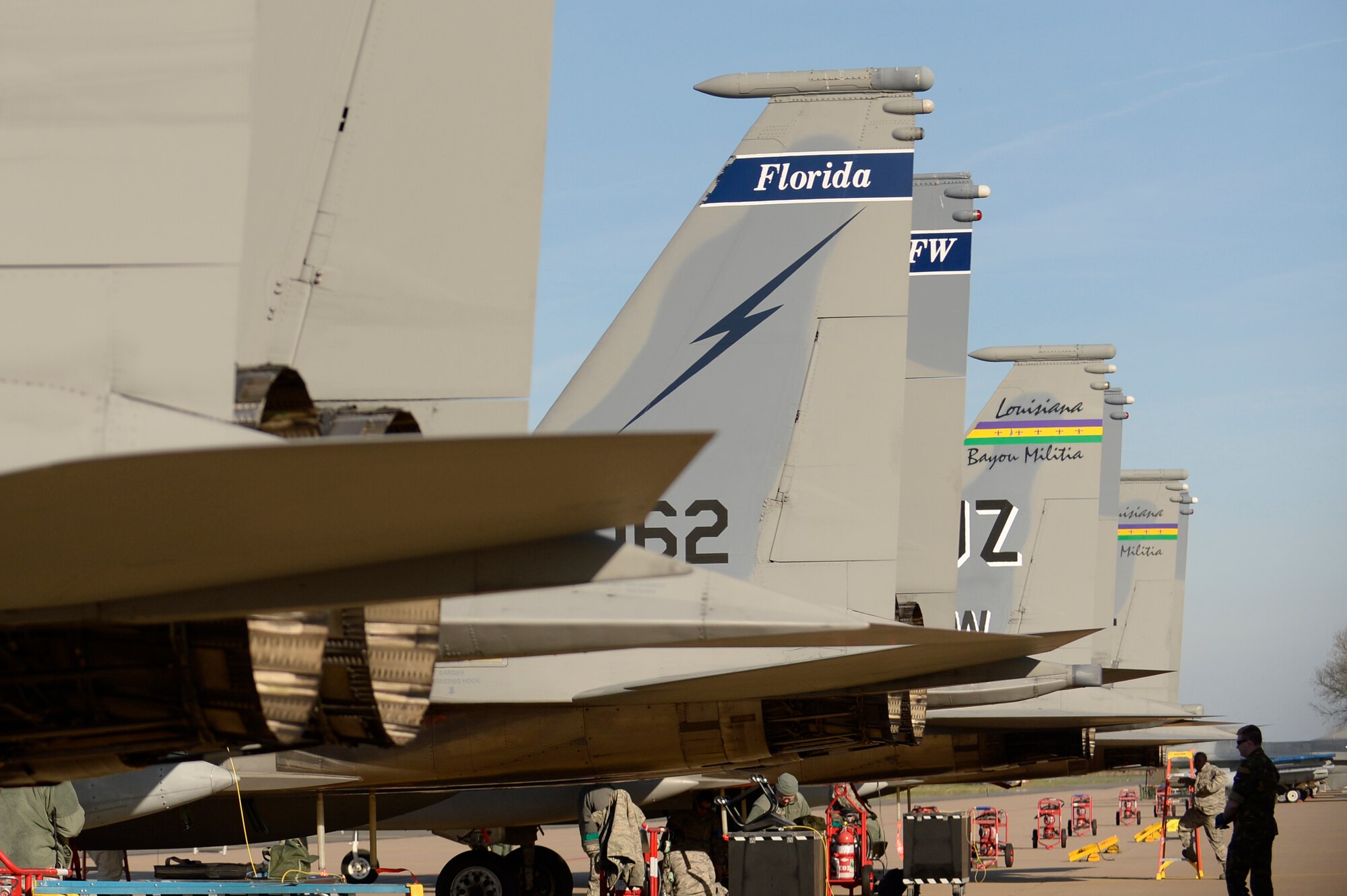 F-15C Eagles from the Lousiana and Florida Air National Guard's 159th Expeditionary Fighter Squadron deployed to Europe to participate in a Theater Security Package, March 24, 2017. These F-15s will conduct training alongside NATO allies to strengthen interoperability and to demonstrate U.S. commitment to the security and stability of Europe. (U.S. Air Force photo by Tech. Sgt. Staci Miller)


	
