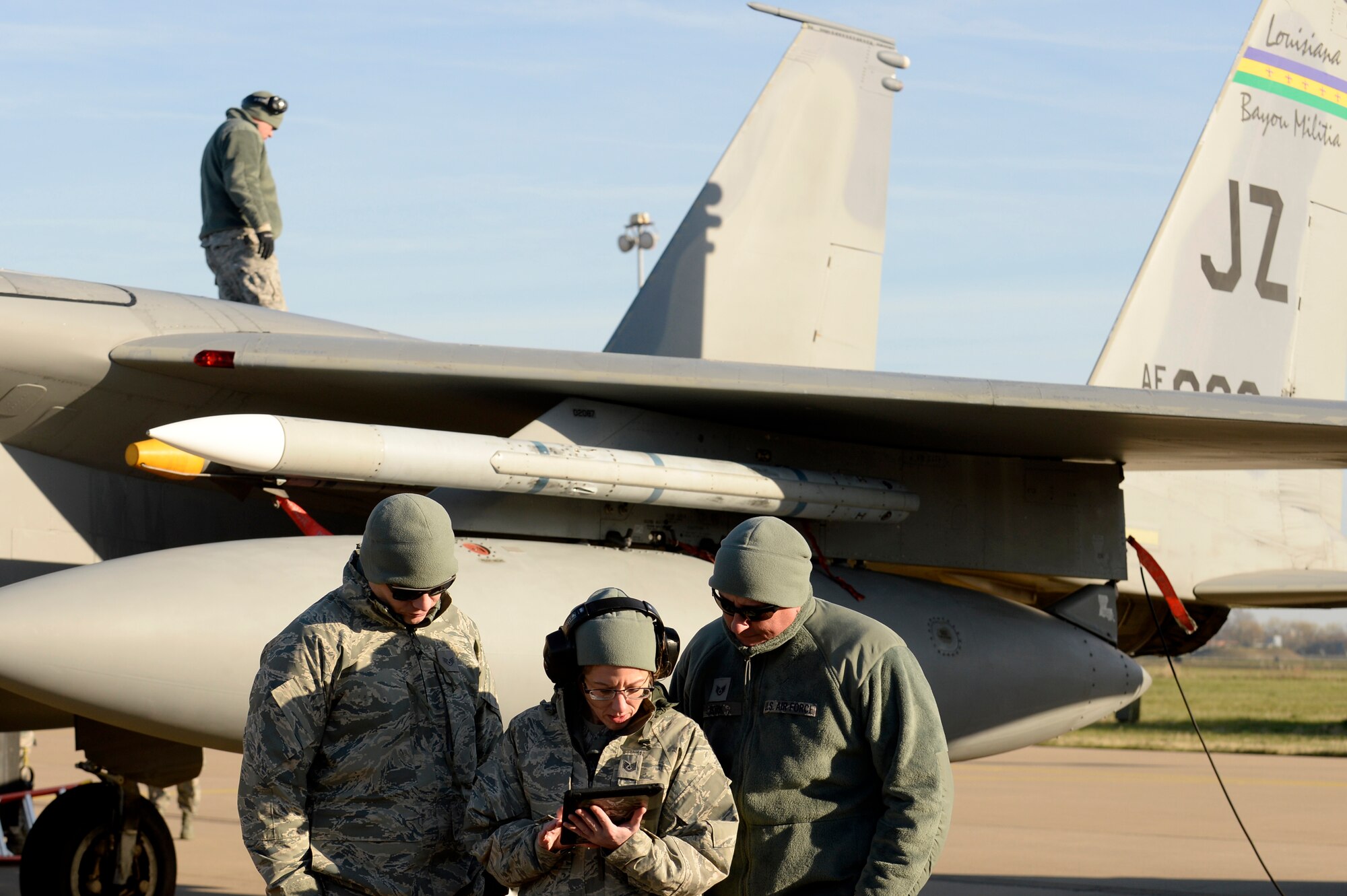 Airmen from the 122nd Expeditionary Fighter Squadron perform maintenance at Leeuwarden Air Base, Netherlands, March 24, 2017. F-15C's from the Lousiana and Florida Air National Guard's 159th EFS deployed to Europe to participate in a Theater Security Package. These F-15s will conduct training alongside NATO allies to strengthen interoperability and to demonstrate U.S. commitment to the security and stability of Europe. (U.S. Air Force photo by Tech. Sgt. Staci Miller)


	
