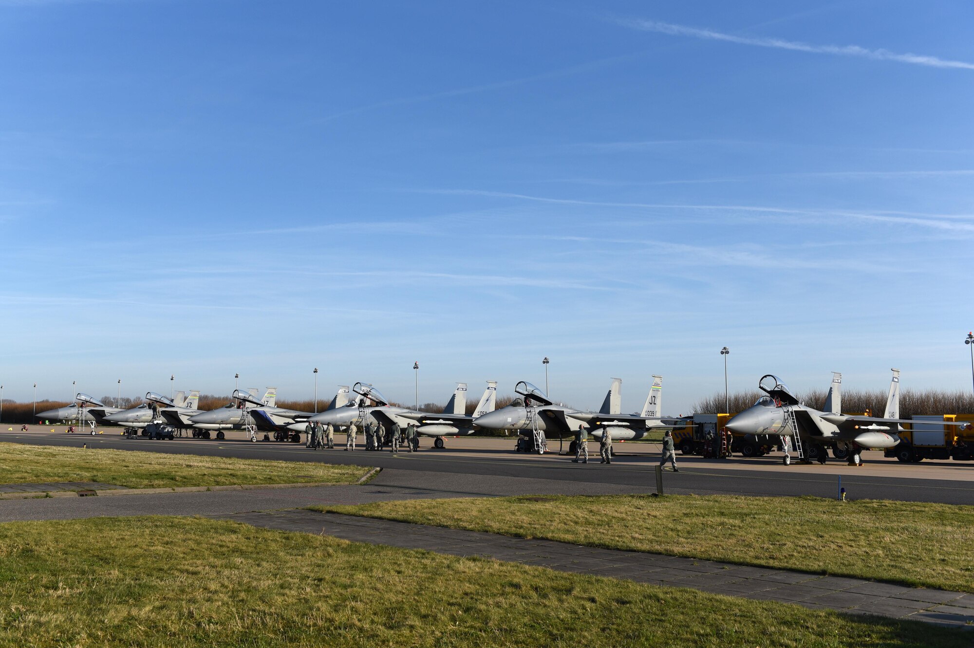 F-15C Eagles from the Lousiana and Florida Air National Guard's 159th Expeditionary Fighter Squadron deployed to Europe to participate in a Theater Security Package, March 24, 2017. These F-15s will conduct training alongside NATO allies to strengthen interoperability and to demonstrate U.S. commitment to the security and stability of Europe. (U.S. Air Force photo by Tech. Sgt. Staci Miller)
	
