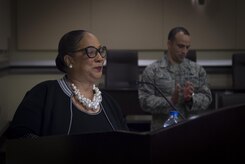 Sheyann Webb-Christburg, civil rights activist and author, speaks for Women’s History Month at Joint Base Andrews, Md., March 23, 2017. Christburg is a civil rights activist and author known as Dr. Martin Luther King Jr.’s “Smallest Freedom Fighter,” and marched during the Civil Rights Movement in Selma, Alabama, when she was eight years old. Christburg went on to co-author a book about her experiences and continues to speak in efforts to inspire others.  (U.S. Air Force photo by Senior Airman Mariah Haddenham)