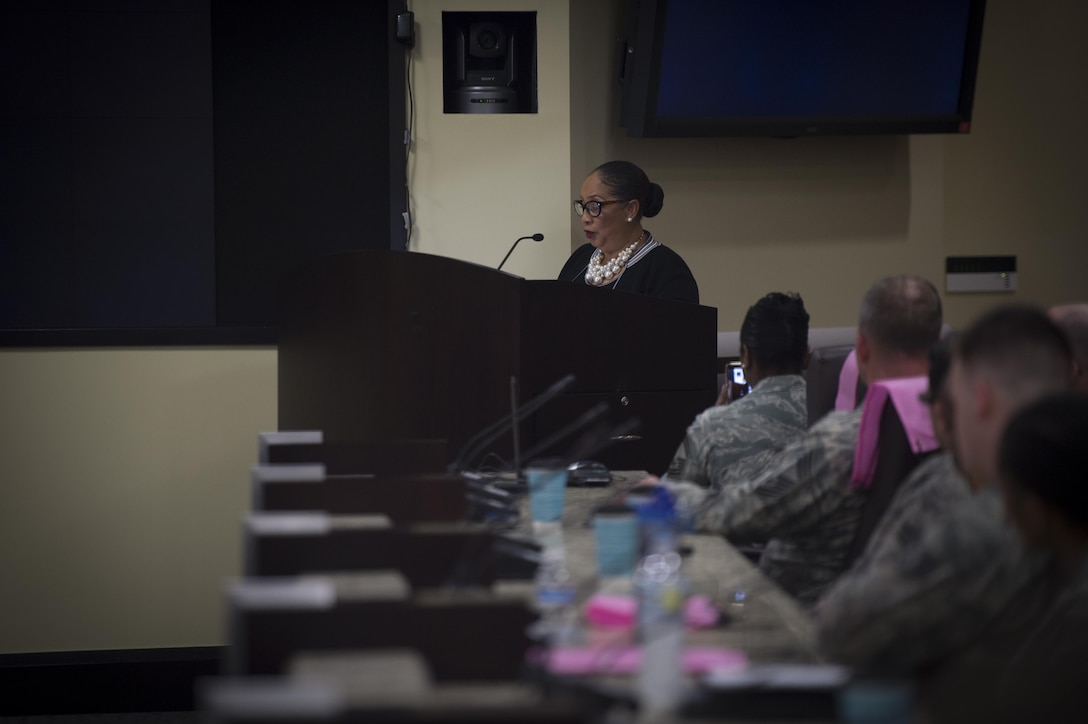 Sheyann Webb-Christburg, civil rights activist and author, speaks for Women’s History Month at Joint Base Andrews, Md., March 23, 2017. Christburg is a civil rights activist and author known as Dr. Martin Luther King Jr.’s “Smallest Freedom Fighter,” and marched during the Civil Rights Movement in Selma, Alabama, when she was eight years old. Christburg went on to co-author a book about her experiences and continues to speak in efforts to inspire others.  (U.S. Air Force photo by Senior Airman Mariah Haddenham)