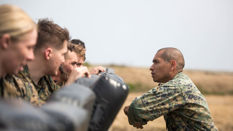 Gunnery Sgt. Ysac Perez, the air base ground defense staff non-commissioned officer in charge for Marine Wing Support Squadron 171, observes how Marines deal with the set objectives during Exercise Tanuki Wrath on Marine Corps Air Station Iwakuni, Japan, March 22, 2017. MWSS-171 conducted the exercise to help train Marines to set up security around a downed aircraft and how to control a riot. 