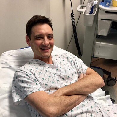 Maj. Mathew Carter, Jeanne M. Holm Center for Officer Accessions and Citizen Development instructor, awaits a bone marrow extraction procedure, March 16, 2016, Washington D.C. Carter traveled from Maxwell Air Force Base to donate bone marrow to a 7 year-old child he never met. (Courtesy photo)