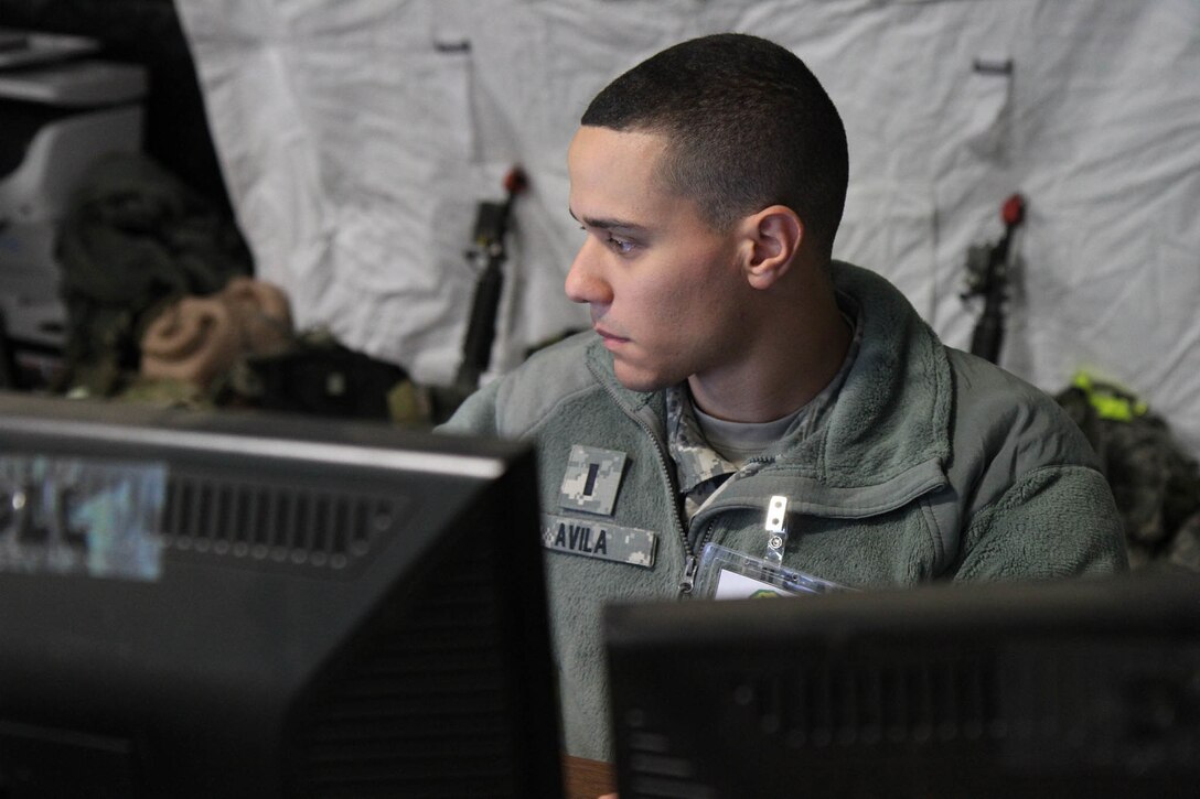 1st Lt. Louis Santiago Avila of the 724th MP Battalion tracks and assesses the patterns and trends within the enemies' significant activities as part of his job as the battalion S2 during the 84th Training Command's WAREX 78-17-01 at Fort McGuire-Dix-Lakehurst on March 23, 2017. Warrior Exercises are designed to prepare units to be combat-ready by immersing them in scenarios where they train as they would fight. Roughly 60 units from the U.S. Army Reserve, U.S. Army, U.S. Air Force and other components are participating in WAREX 78-17-01, a large-scale collective training event which assesses units' combat capabilities and helps build the most capable, combat-ready, and lethal federal reserve force in the history of the nation. (U.S. Army photo by Master Sgt. Benari Poulten)