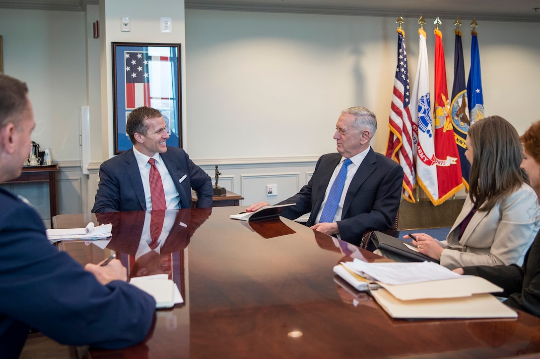 Defense Secretary Jim Mattis meets with Missouri Gov. Eric Greitens at the Pentagon, March 27, 2017. DoD photo by Air Force Tech. Sgt. Brigitte N. Brantley