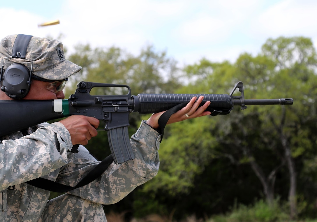 Army Reserve Staff Sgt. Danneit Disla, 1st Battalion, 321st Infantry Regiment (Basic Combat Training), 2nd Brigade, 98th Training Division (Initial EntryTraining), fires his M16 rifle during the 108th Training Command (IET) Best Warrior Competition at Camp Bullis, Texas, March 19-24, 2017. (U.S. Army Reserve photo by Maj. Michelle Lunato/released)