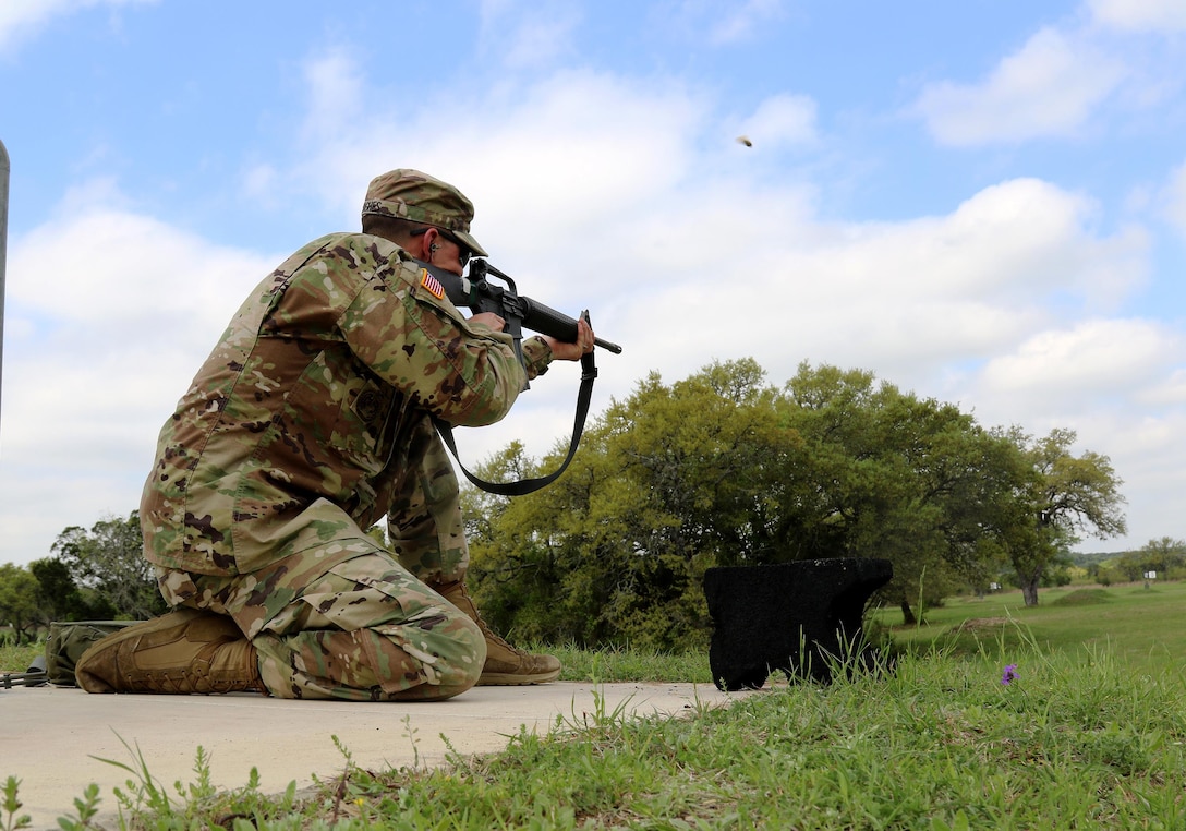 Army Reserve Sgt. Michael Hughes with the 95th Training Division (Initial Entry Training) fires his M16 rifle during the 108th Training Command (IET) Best Warrior Competition at Camp Bullis, Texas, March 19-24, 2017. Hughes won the title of 108th TC (IET) Noncommissioned Officer of the Year and will compete in the U.S. Army Reserve Best Warrior Competition later this year. (U.S. Army Reserve photo by Maj. Michelle Lunato.)