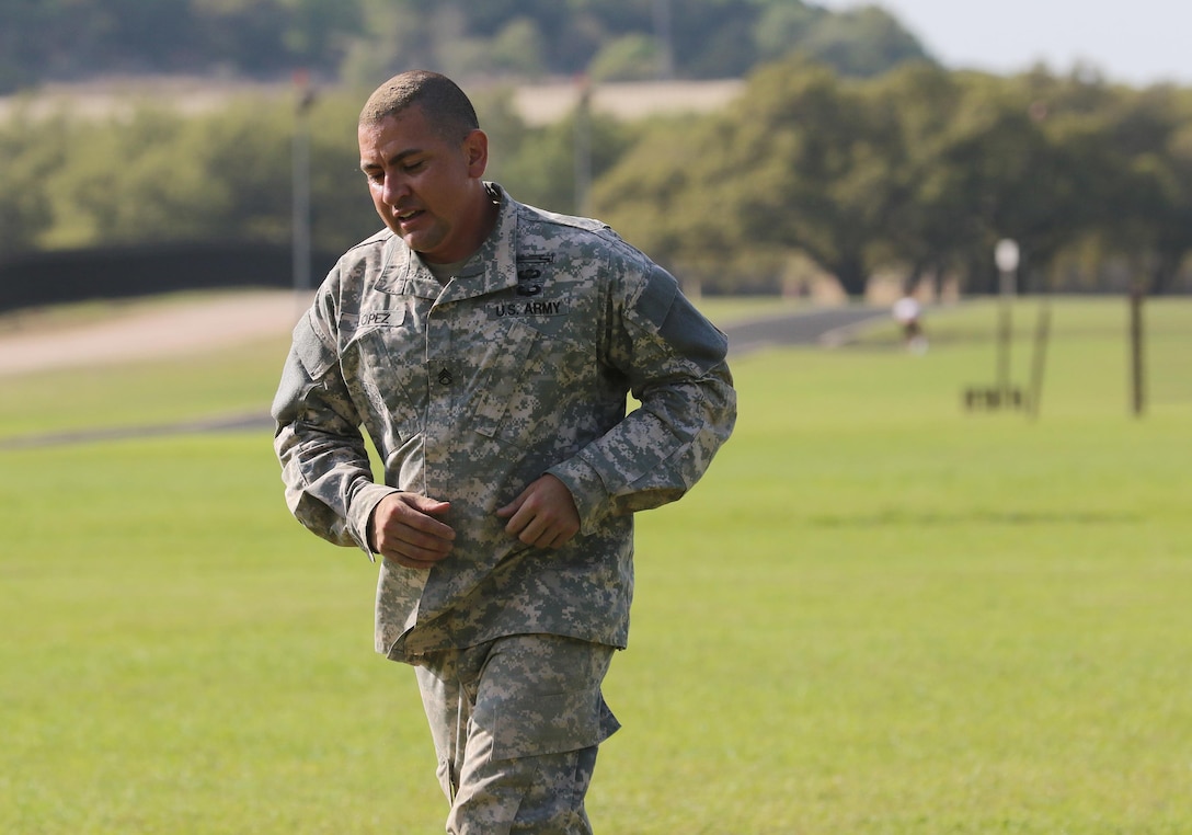 Army Reserve Staff Sgt. Luis Lopez, a Tucson, Ariz. native and a drill sergeant with Alpha Company, 1-415th, 95th Training Division (Initial Entry Training), runs through an obstacle course during the 108th Training Command (IET) 2017 Best Warrior Competition at Camp Bullils, Texas, March 19-24. Lopez, who works as a civilian with the Arizona Department of Corrections, says that being a Citizen-Soldier "means that I have to maintain physical and mental fitness in order to be ready to deploy and defend the U.S. Constitution and defend the American people. No other responsibility is greater than this. It is like living a double life, and you have to learn how to switch gears between the two. It can be challenging at times, but that is why it is called serving." (U.S. Army photo by Maj. Michelle Lunato/released)