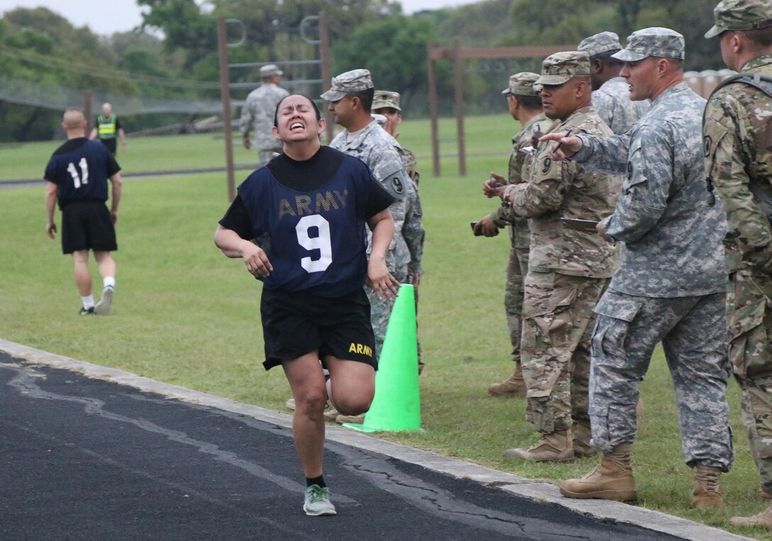 Army Reserve Sgt. Karent McElroy, a Sanford, Maine native and drill sergeant with Charlie Company, 1-304th Infantry Regiment, 4th Brigade, 98th Training Division (Initial Entry Training), completes her Army Physical Fitness Test during the 108th Training Command (IET) 2017 Best Warrior Competition at Camp Bullis, Texas, March 19-24.  The APFT followed a grueling day that included a 10k road march, two range events and an obstacle course. (U.S. Army Reserve Photo by Maj. Michelle Lunato/released)