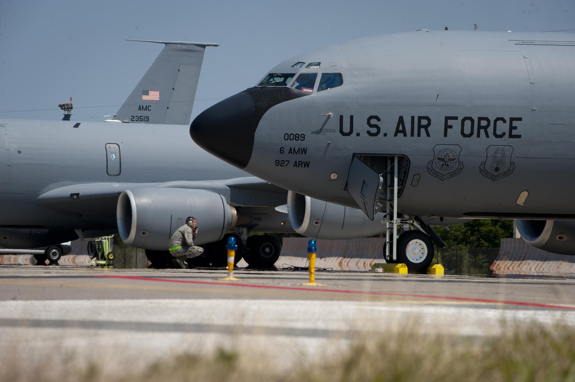 An Airman helps prepare a KC-135 Stratotanker aircraft for take-off during an exercise at MacDill Air Force Base, Fla., March 21, 2017. Team MacDill effectively achieves its global mission through a continuous focus on readiness, modernization and training. (U.S. Air Force photo by Airman 1st Class Mariette Adams)