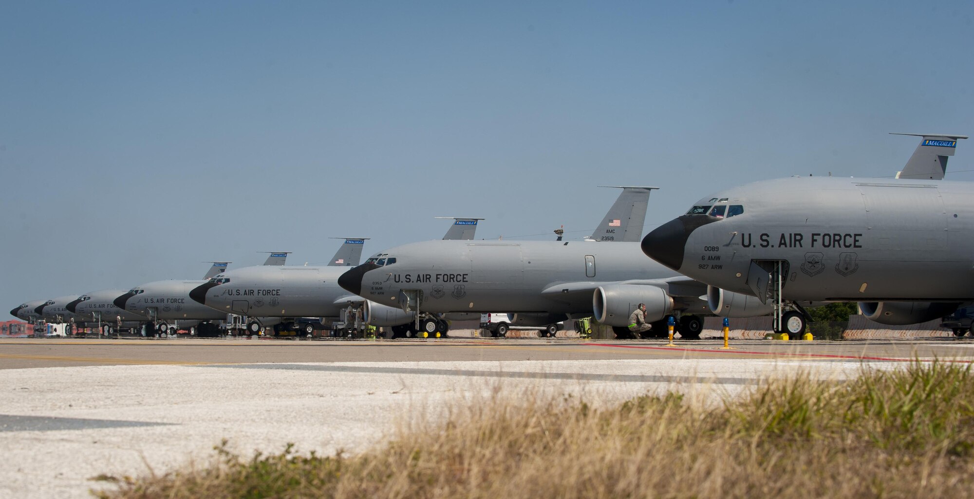 Seven KC-135 Stratotanker aircraft sit on the flightline during an exercise at MacDill Air Force Base, Fla., March 21, 2017. MacDill performs exercises frequently to ensure rapid global mobility. (U.S. Air Force photo by Airman 1st Class Mariette Adams)