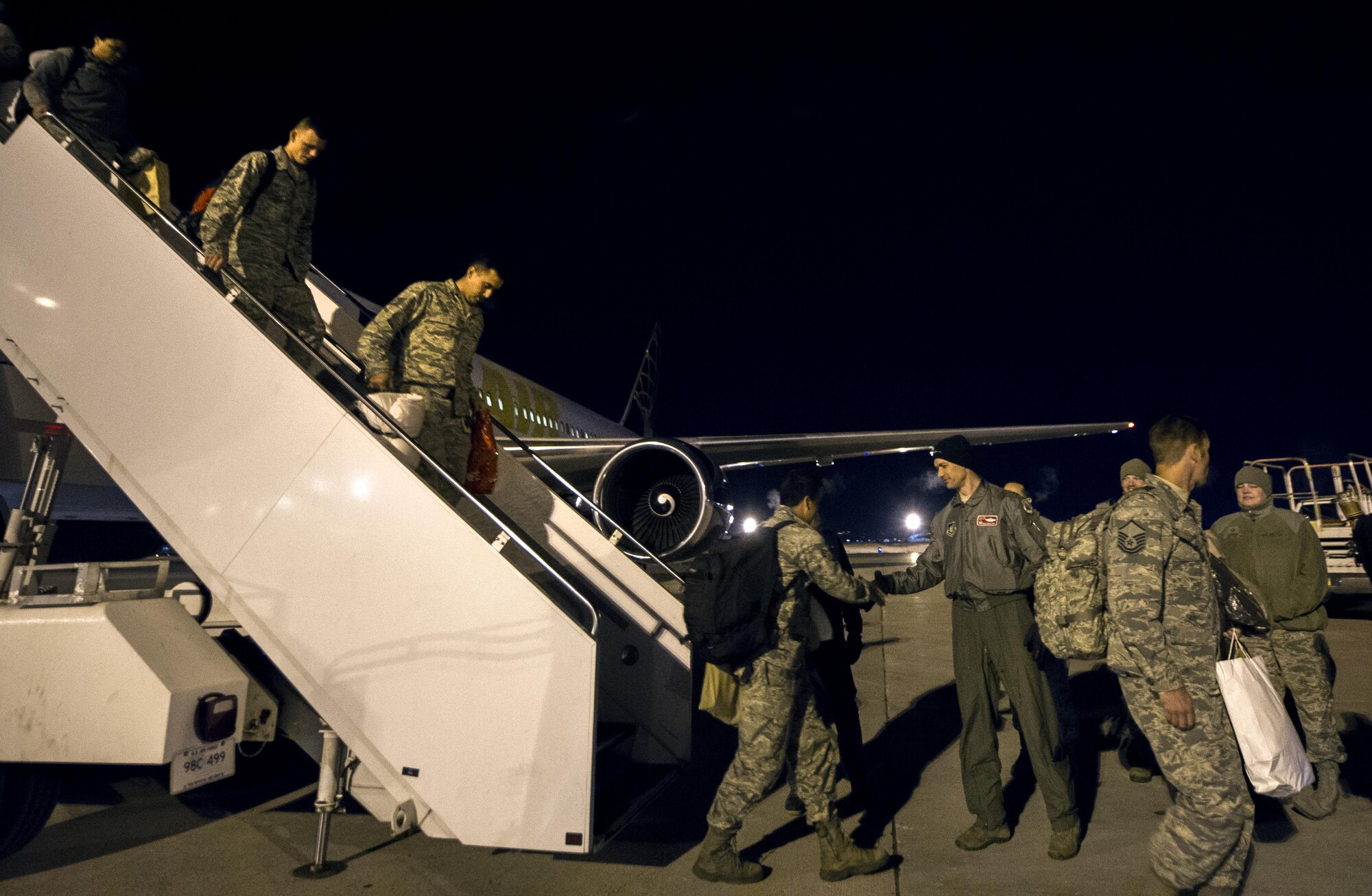 Airmen from the 90th Fighter Squadron returned to Joint Base Elmendorf-Richardson, Alaska, March 18, 2017 after participating in a bilateral exercise as part of the Enhanced Air Cooperation initiative. This is the first time a squadron deployment participated in EAC. (U.S. Air Force photo by Staff Sgt. Sheila deVera)