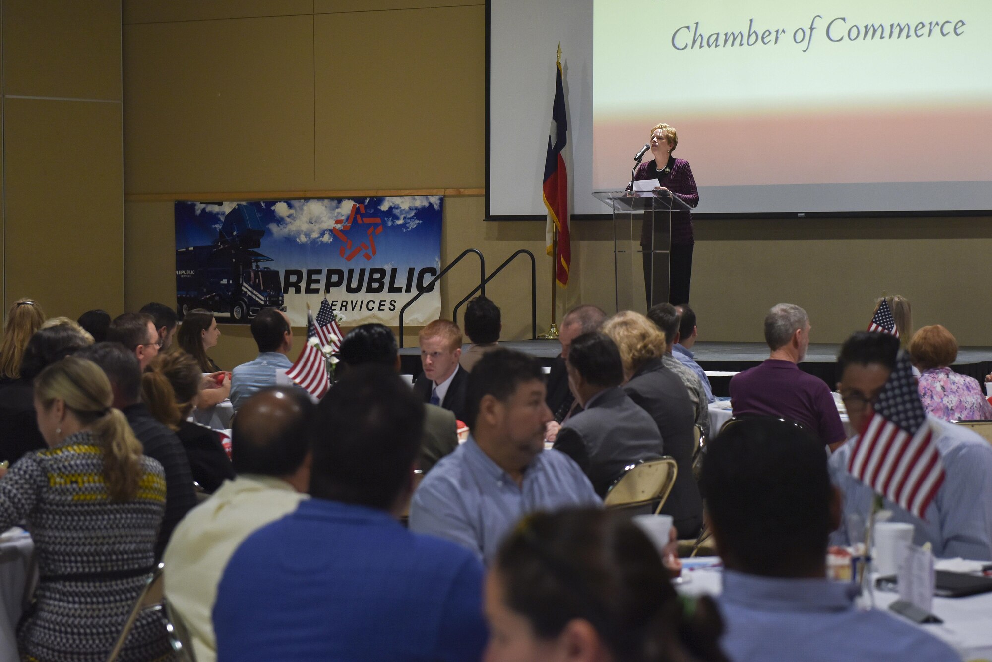 Dr. Carol Bonds, Texas Military Preparedness Commission member, delivers a speech at the annual Chamber of Commerce luncheon at the McNease Convention Center in San Angelo, Texas, March 21, 2017. Bonds introduced U.S. Air Force Col. Michael Downs, 17th Training Wing Commander’s and highlighted his accomplishments and how influential he has been in the local community. (U.S. Air Force photo by Airman 1st Class Chase Sousa/Released)