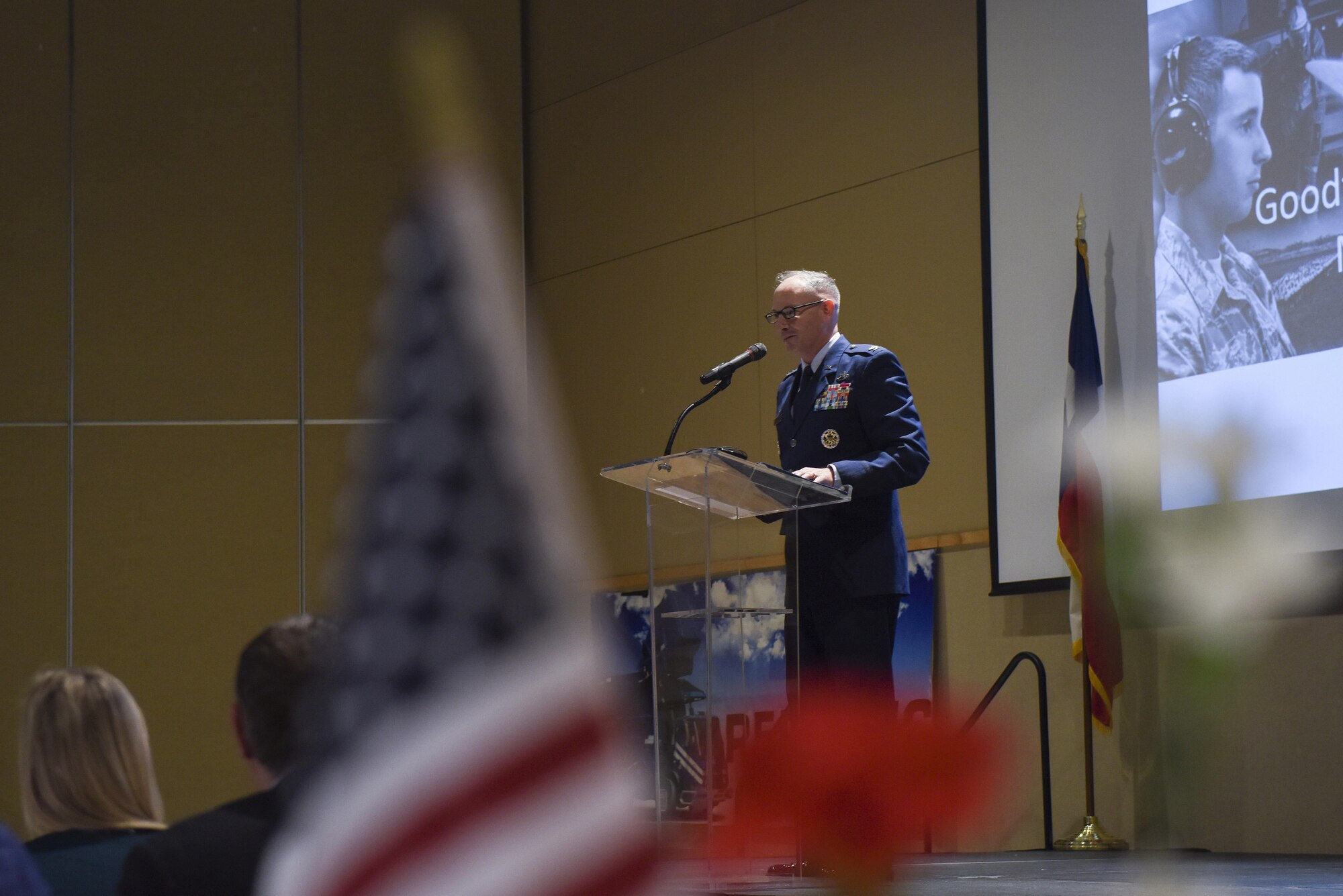 U.S. Air Force Col. Michael Downs, 17th Training Wing Commander, speaks at the annual Chamber of Commerce luncheon at the McNease Convention Center in San Angelo, Texas, March 21, 2017. Downs recognized outstanding Airmen from Goodfellow for their contributions to the Air Force and the San Angelo community. (U.S. Air Force photo by Airman 1st Class Chase Sousa/Released)