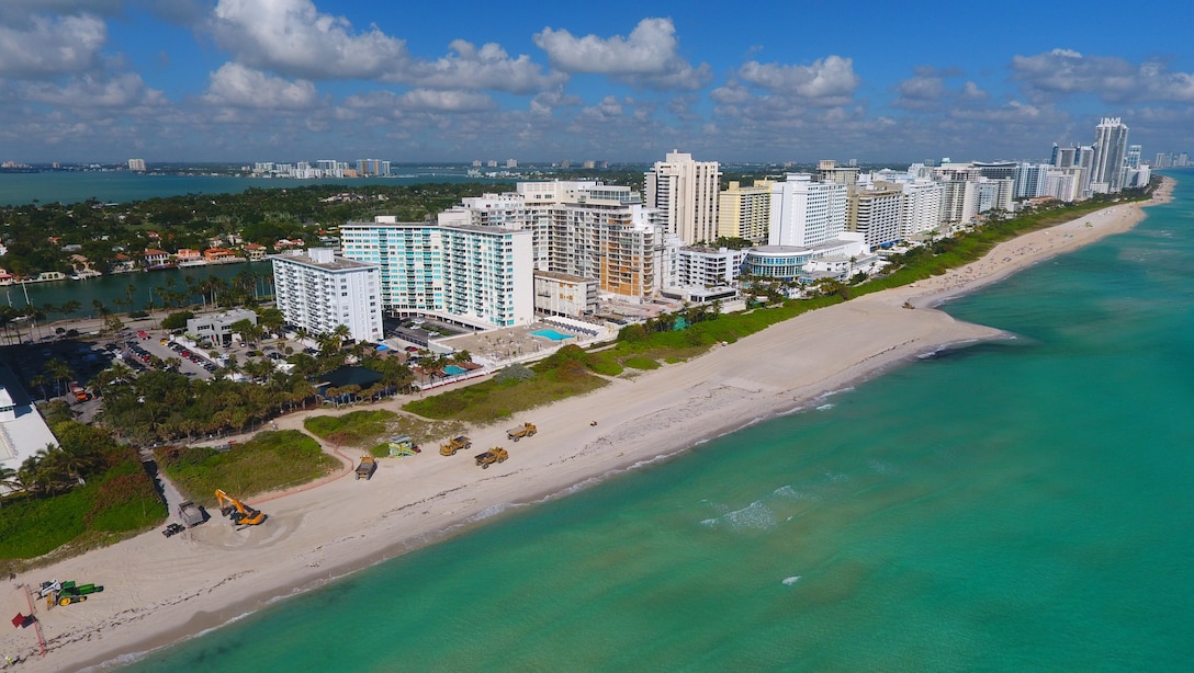 During:  Construction progress on the 54th Street section of the Miami Beach hotspots beach project in February clearly shows the increased width of the newly renourished beach.