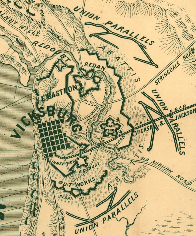 A detail from George W. Tomlinson’s 1963 Map of Vicksburg shows the position of Union forces as they surrounded Vicksburg. On May 19 and again on May 22, Grant hurled his army against the city’s defenses only to be hurled back with the loss of 4,000 men. Failure of these assaults compelled Grant to lay siege to Vicksburg.

Full Map - https://www.loc.gov/resource/g3984v.cw0286000/ 