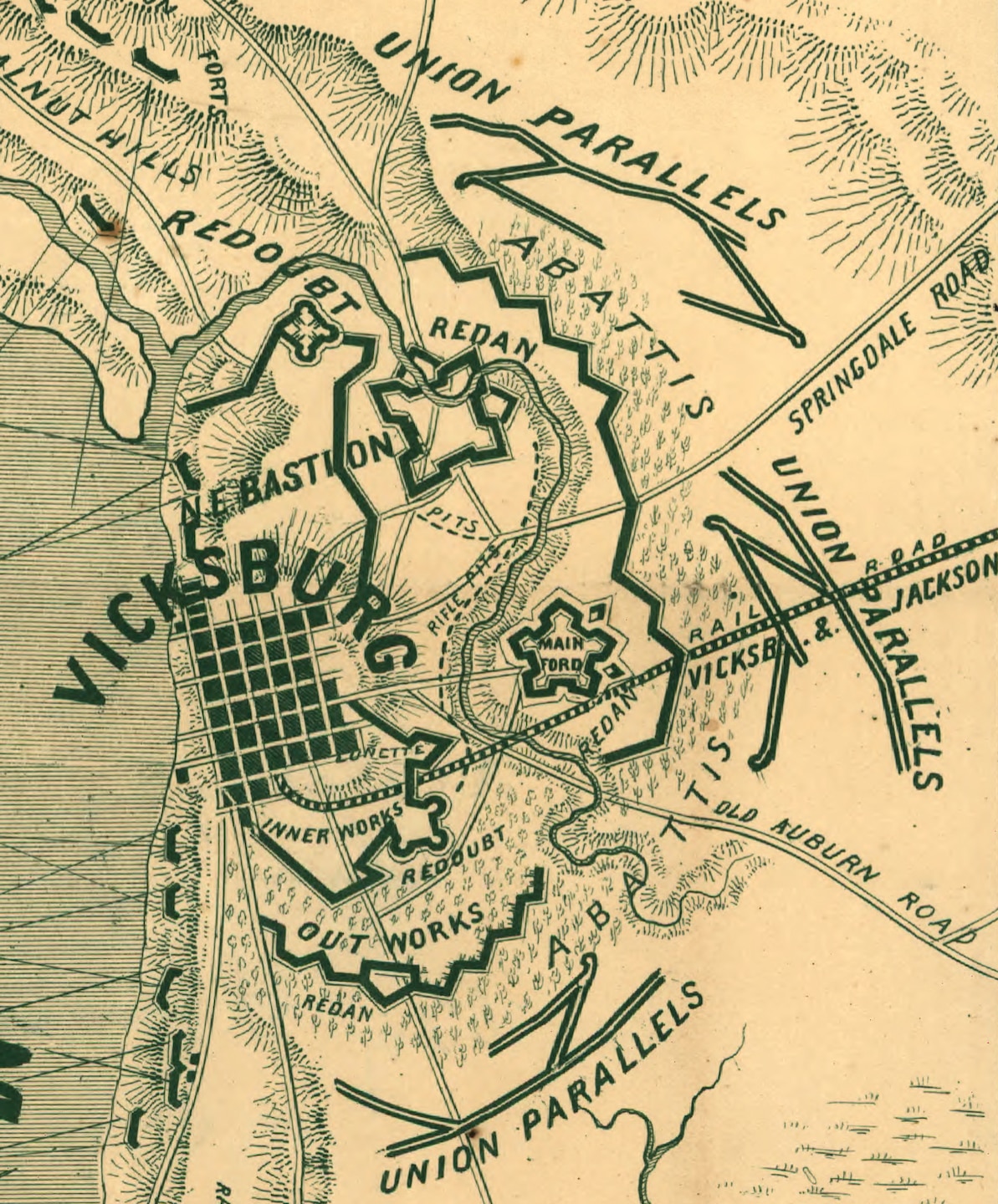 A detail from George W. Tomlinson’s 1963 Map of Vicksburg shows the position of Union forces as they surrounded Vicksburg. On May 19 and again on May 22, Grant hurled his army against the city’s defenses only to be hurled back with the loss of 4,000 men. Failure of these assaults compelled Grant to lay siege to Vicksburg.

Full Map - https://www.loc.gov/resource/g3984v.cw0286000/ 