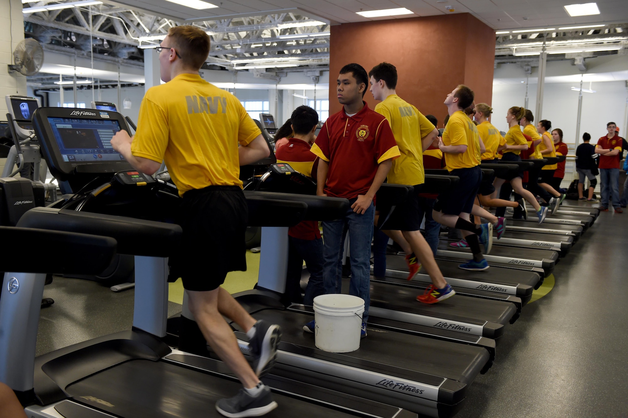 Chugiak High School athletes race the clock during the Junior ROTC Indoor Triathlon at Buckner Physical Fitness Center at Joint Base Elmendorf-Richardson, Alaska, March 25, 2017. Nine teams of eight athletes competed in a timed swim, bike and run. The annual event has been hosted at Buckner PFC since January 2005. 