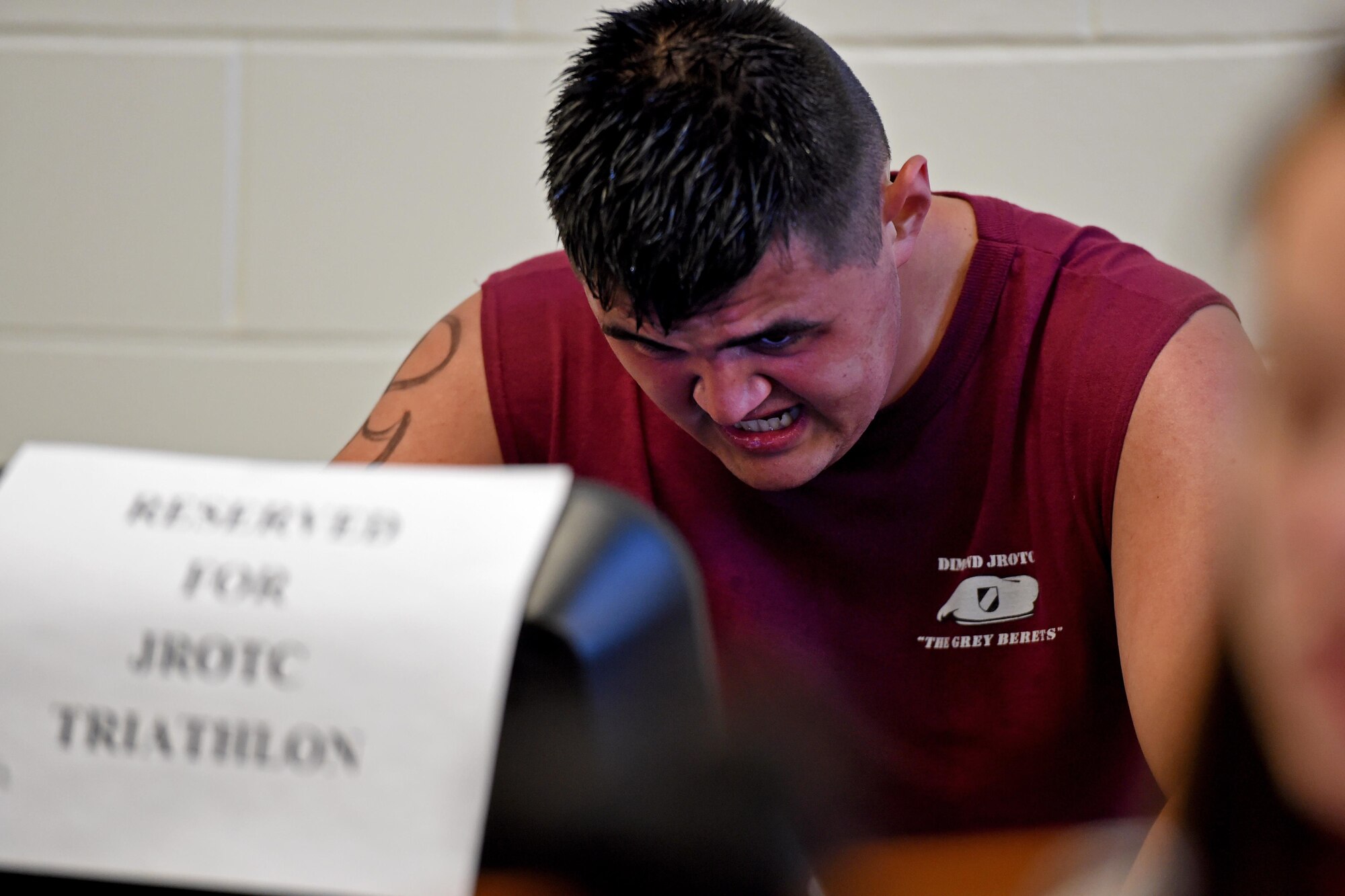 Will Manis, a Junior ROTC cadet at Dimond High School, pedals on a stationary bike during the JROTC Indoor Triathlon at Buckner Physical Fitness Center at Joint Base Elmendorf-Richardson, Alaska, March 25, 2017. Nine teams of eight athletes competed in a timed swim, bike and run. The annual event has been hosted at Buckner PFC since January 2005. 